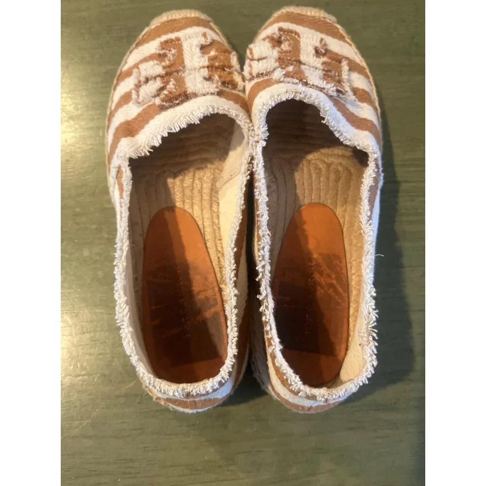 Tory Burch Striped Frayed Canvas Espadrilles With Logo Tan/White Womens Size 7 S